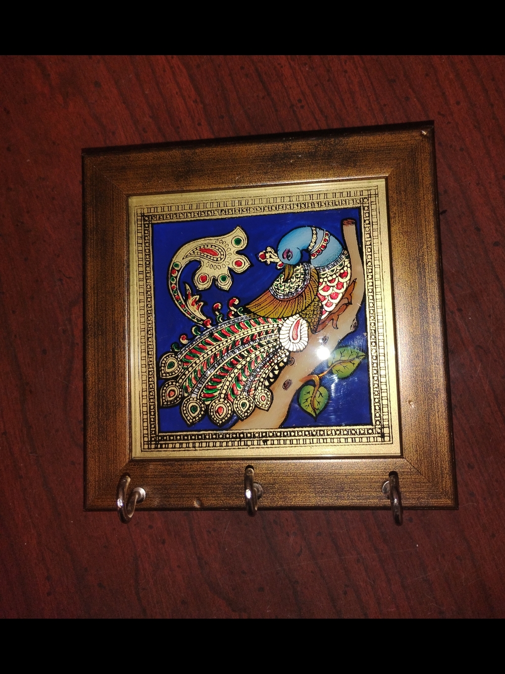 Wooden Framed Peacock Wall Art W/ 3 Hooks for Keys, Etc